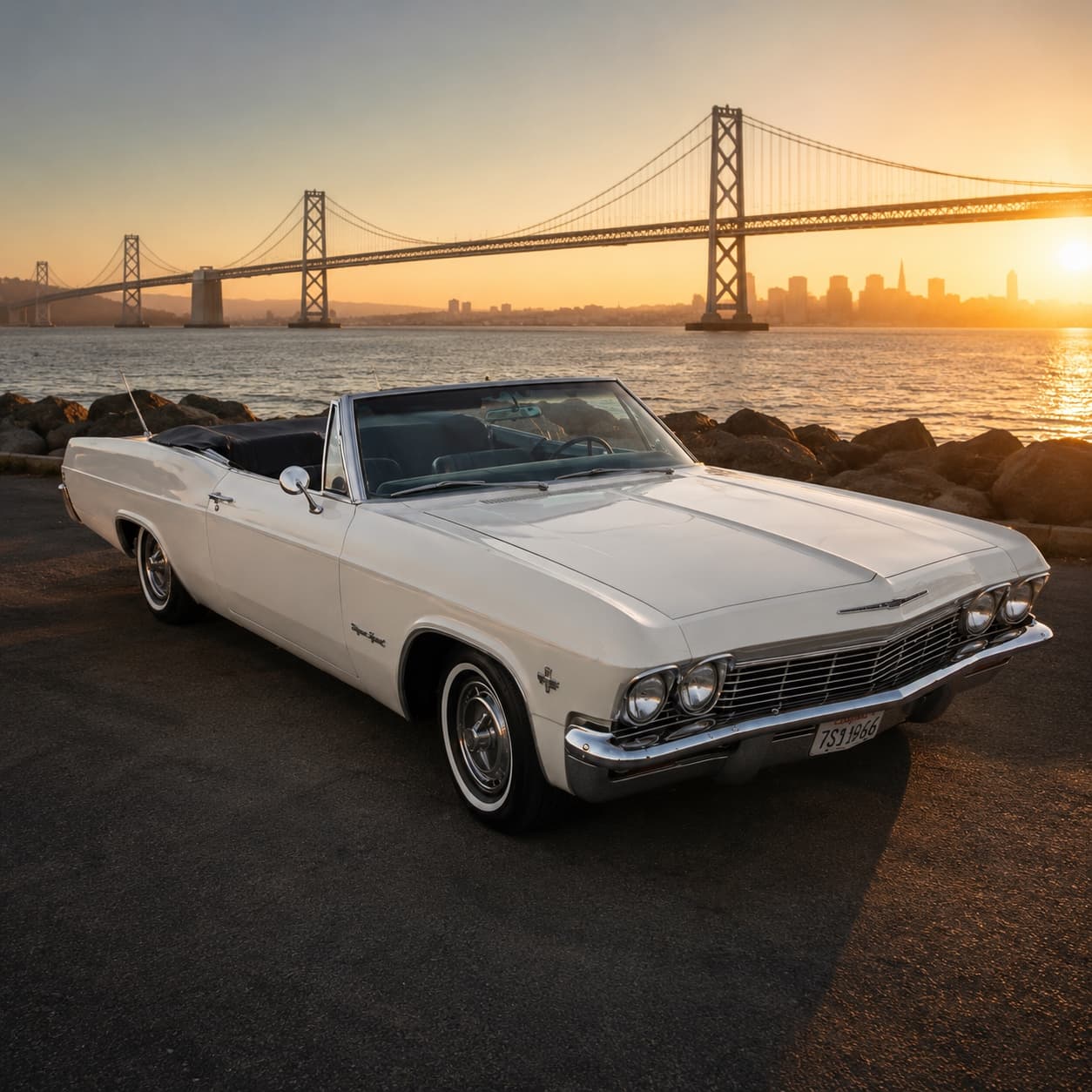 1965 Chevrolet Impala SS convertible — white, in front of the San Francisco Bay Bridge at sunset
